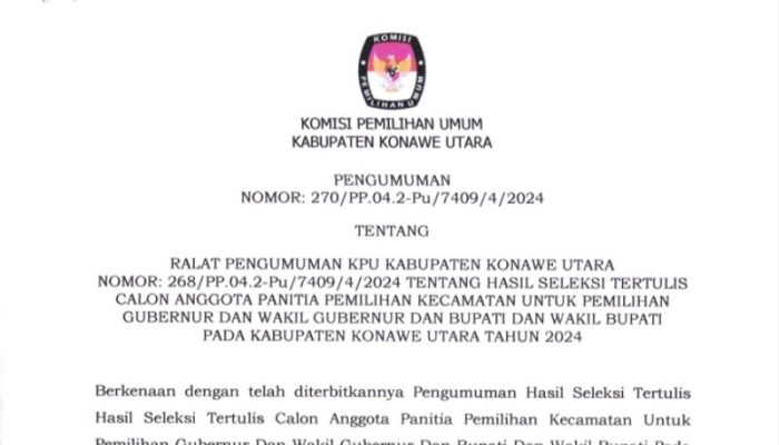 Pengumuman Hasil Seleksi Tertulis PPK Se Kabupaten Konawe Utara Tahun 2024