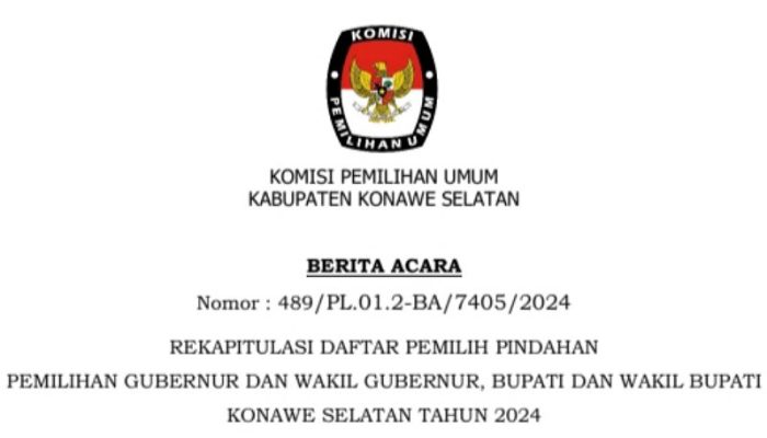 KPU Konsel Umumkan Rekapitulasi Daftar Pemilih Pindahan Pemilihan Gubernur Dan Wakil Gubernur, Bupati Dan Wakil Bupati Konsel 2024
