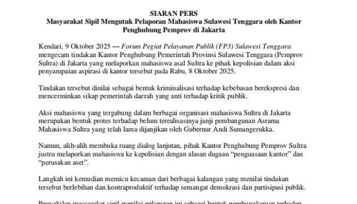 Masyarakat Sipil Mengutuk Pelaporan Mahasiswa Sultra Oleh Kantor Penghubung Pemprov di Jakarta