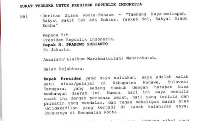 Siswa SMP di Konawe Kirim Surat Terbuka ke Presiden : “Kami Penghasil Tambang, Tapi Mencari Dokter Saja Susah”