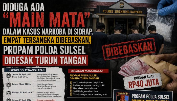 Diduga Ada Main Mata dalam Kasus Narkoba di Sidrap, Empat Tersangka Dibebaskan, Propam Polda Sulsel Didesak Turun Tangan